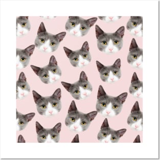 1980s Funny Kawaii cute girly pink grey kitty cat Posters and Art